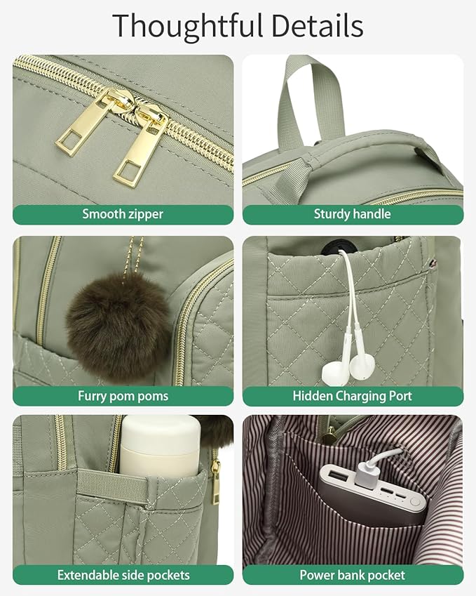 School Backpack for Teen Girls, Cute Laptop Backpack Purse with Charging Hole for Women Work Travel Commute University College Bookbag, Green