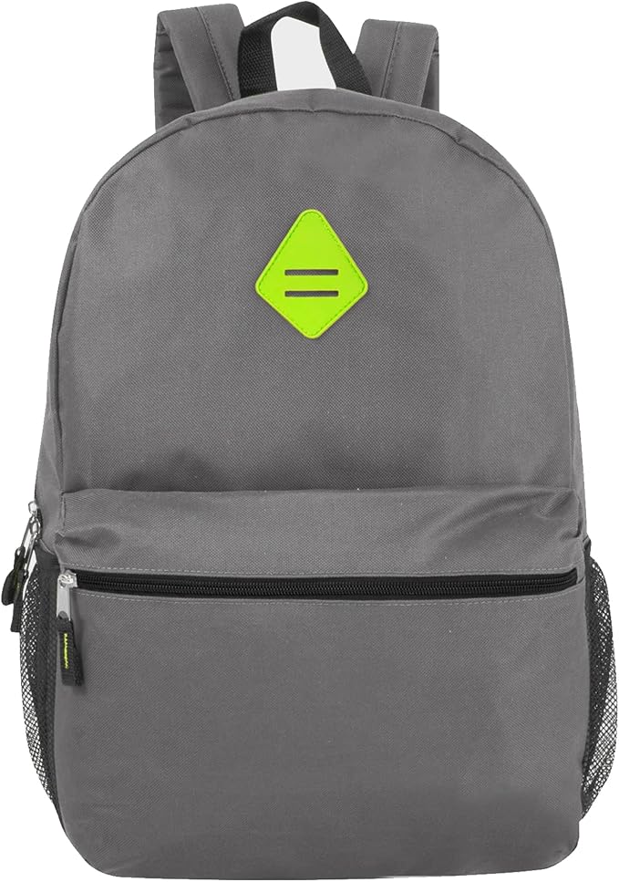 Large School Backpacks with Mesh Side Pockets – Classic 19 Inch Solid Color Backpacks for Kids, Men, Women, Travel (Grey & Green)