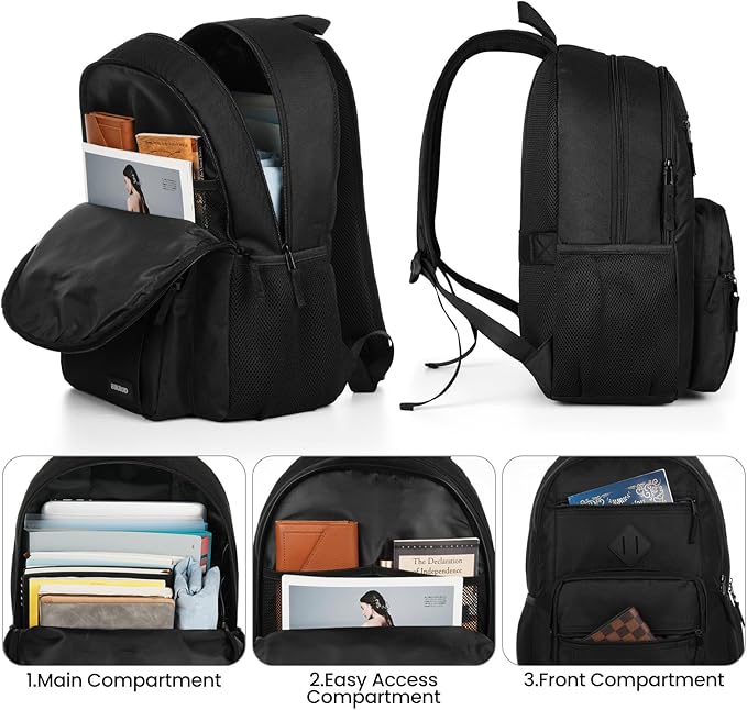 BIKROD Black Backpack for Men and Women, Backpack for School Teens Boys and Girls, Lightweight Casual High School Bookbag, Daily-use Travel Laptop Backpack Fits 15.6 Inch Notebook