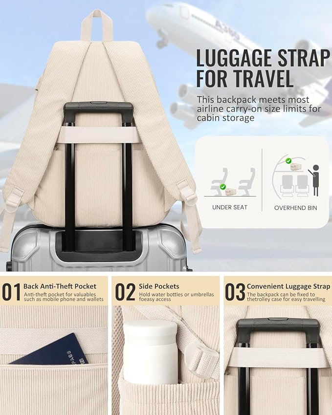 School Backpack for Teens Girls, Large Corduroy Bookbag Lightweight 15.6 inch Laptop Bag for Women Elementary Middle High School College Backpacks Students Travel Daypack - Beige