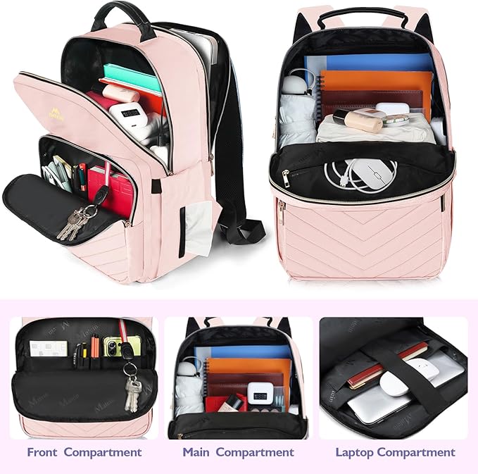MATEIN College Backpack with Laptop Compartment, Water Resistant Girls Backpack, Cute Bookbag with Multiple Compartments, 17 inch Quilted Casual Daypack for Women, Pink