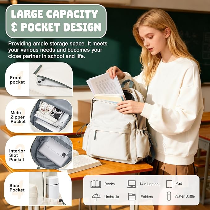 VECAVE School Backpack for Women Men, Lightweight Travel Casual Daypack Laptop Rucksack, Waterproof College High Secondary School Bags Bookbag for Boys Girls Teens BeigeGreen
