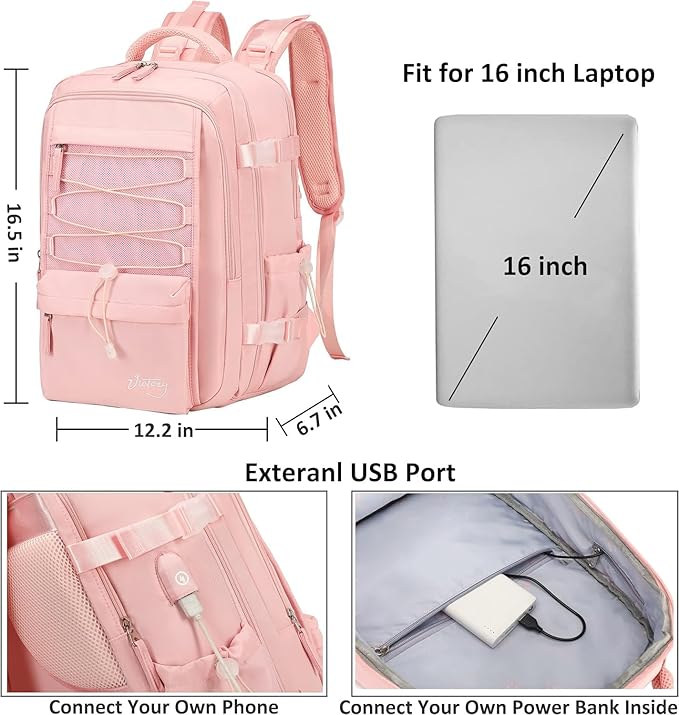 Travel Backpack for Women Men 15.6 Inch Laptop Backpacks with USB Port Carry on Bag Airline Approved Large College School Bookbags Waterproof Work Business Sport Rucksack Casual Daypack (Pink)