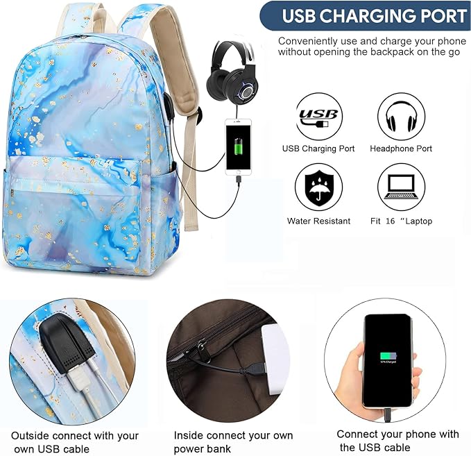 Teen Girls School Backpack Kids Bookbag Set with Lunch Box Pencil Case, Travel Laptop Backpack Casual Daypacks (Blue-marble)