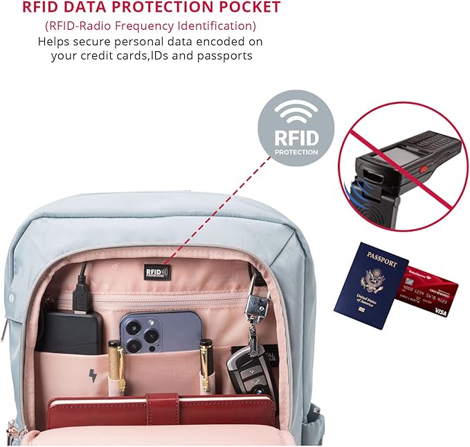 Swissdigital Design Laptop Backpack for Women with Apple Find My,Travel Bookbags with USB Charging Port，Computer Backpacks for Work Business,Teal Blue | SD1006FB-14