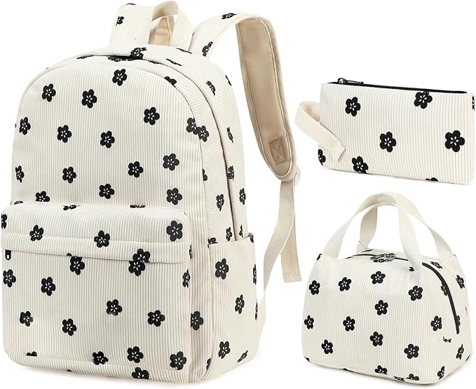 School Backpack for Girls Laptop Backpack for Teen Women Preschool Kindergarten Elementary Kids Bookbags Travel Daypack with Lunch Bag and Pencil Case (Corduroy Floral)