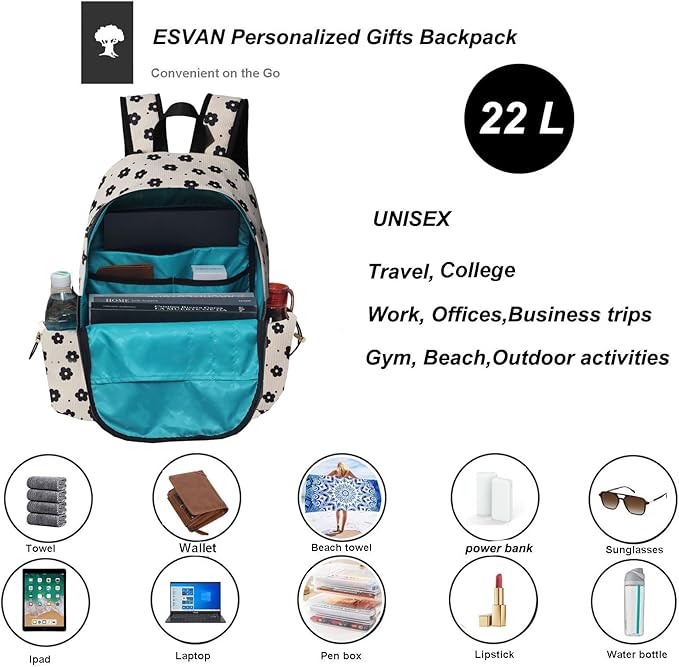 ESVAN Corduroy Backpack Lightweight Fashion 17 inch Laptop Bag for Women Casual College (Corduroy Black flower)