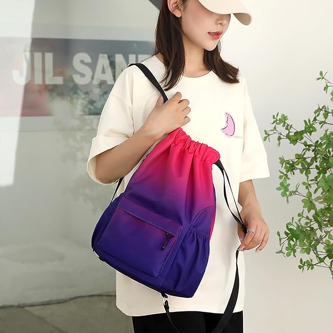 Drawstring Backpack for Women Drawstring Gym Bag Water Resistant Small Cinch Sack Pull String Backpack Bag (Red-Blue)