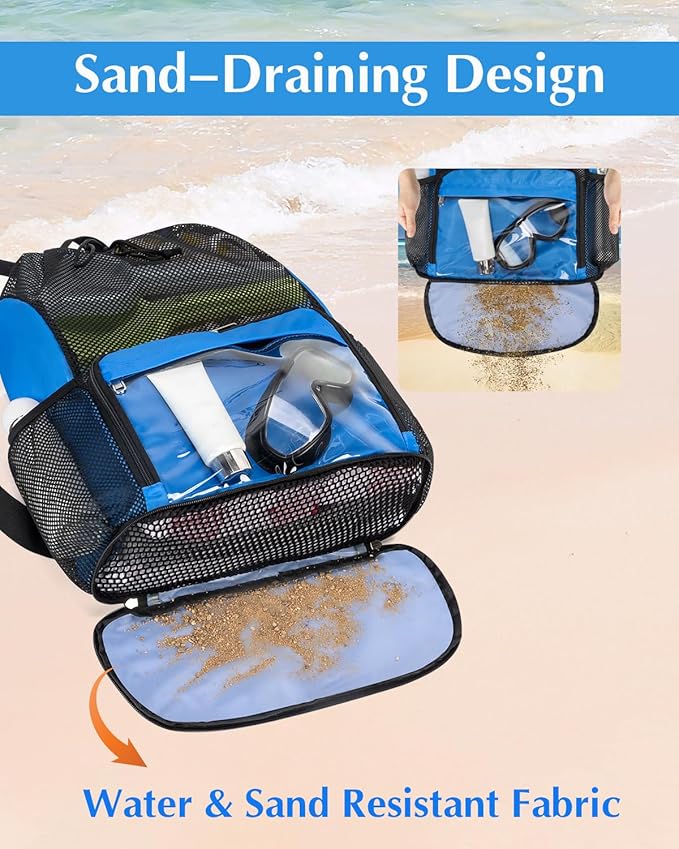 Drawstring Backpack Sandproof Beach Backpack with Shoe Compartment & Wet Pocket Waterproof Mesh Swim Bag Pool Bag for Gym, Travel and Workout Gear (Blue)