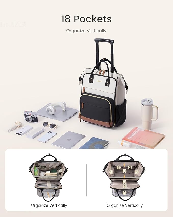 LOVEVOOK Rolling Backpack for Women, Backpack with Wheels for Travel, 17 Inch Laptop Rolling Bag, Underseat Carry On Luggage Water Resistant Roller Bookbag for Work Business College Teacher