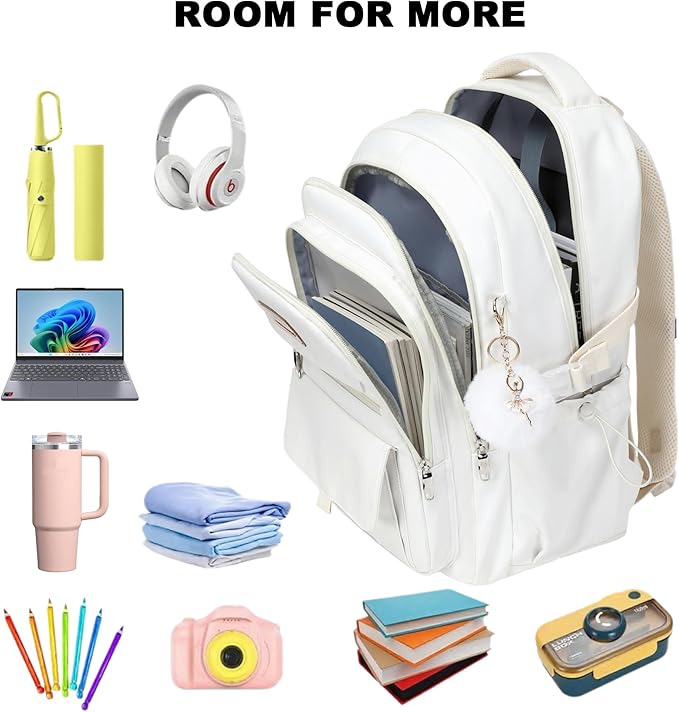 Laptop Backpack 15.6 Inch College Backpacks for Women, School Backpack for Girls,Students Aesthetic Anti Theft Travel Daypack Large Bookbags Middle High School Back Pack(Beige)