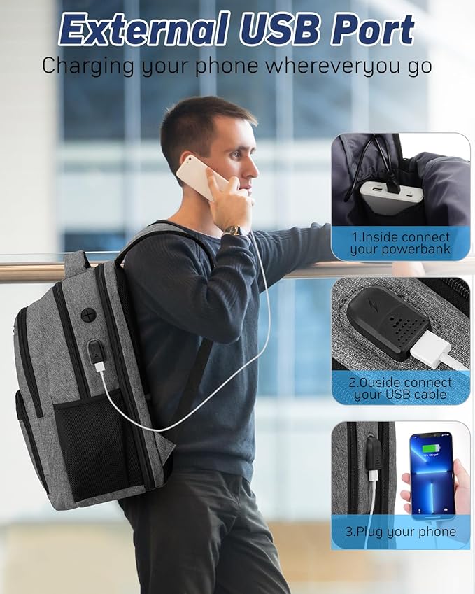 Business Laptop Backpack for Men, 15.6 Inch Travel Laptop Bag Back Pack with USB Charging Port, Water Resistant Bookbag Computer Backpack for Work College, Dark Grey