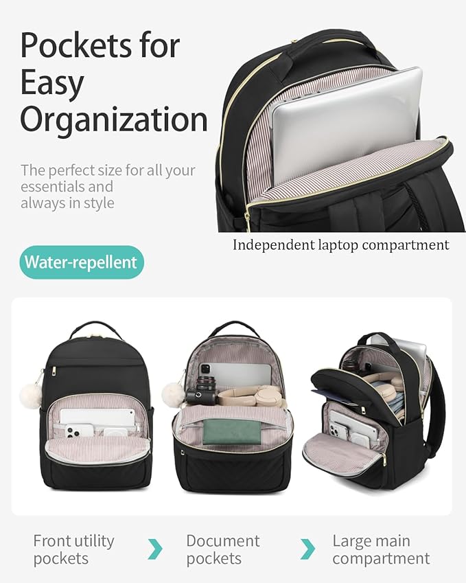 17.3 Laptop Backpack Women, Cute Bookbag for University Middle High School Girls, Fashion Adult Backpack for Work Clinical Teacher, Black
