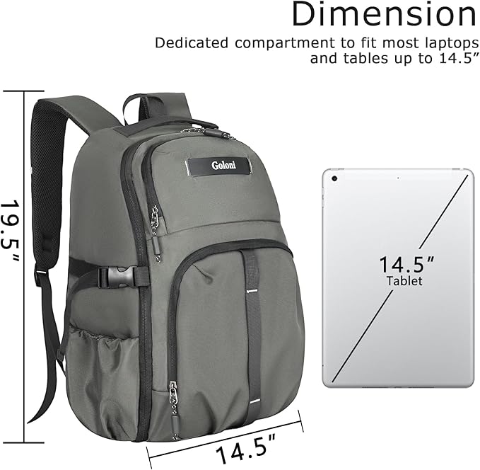 Goloni Airline Approved Travel Backpack 35L - Under Seat Carry On, Water Resistant 15.6 Inch Laptop Compartment for Men Women Work Travel,Gery