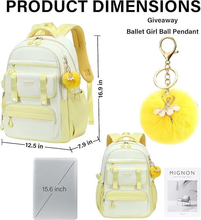 School Backpack for Girls, Laptop Backpack 15.6 Inch Kids Elementary Middle High School Bag Anti Theft Cute College Bookbags for Teens Girls Women Students Casual Travel Daypack,Yellow Beige