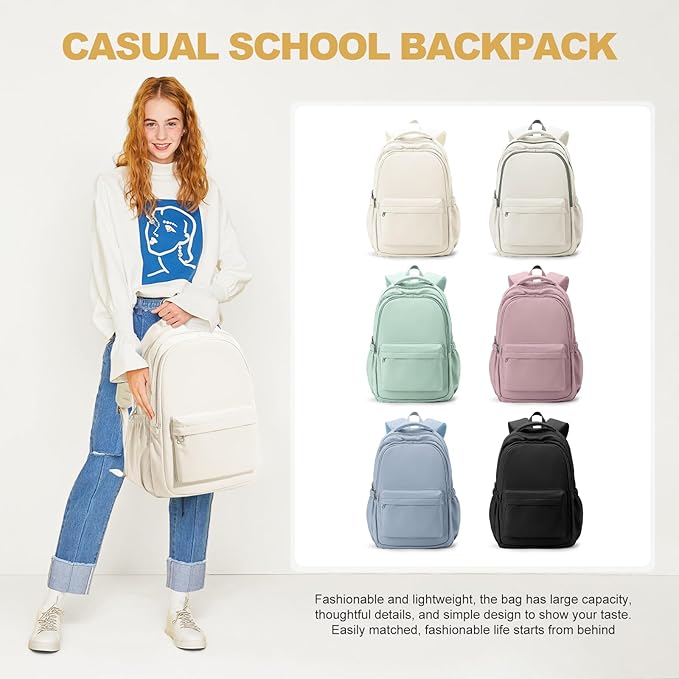 Lightweight School Backpack for Women Men, Laptop Travel Casual Daypack College Secondary School Bags Bookbag for Teenage Girls Boys, Beige