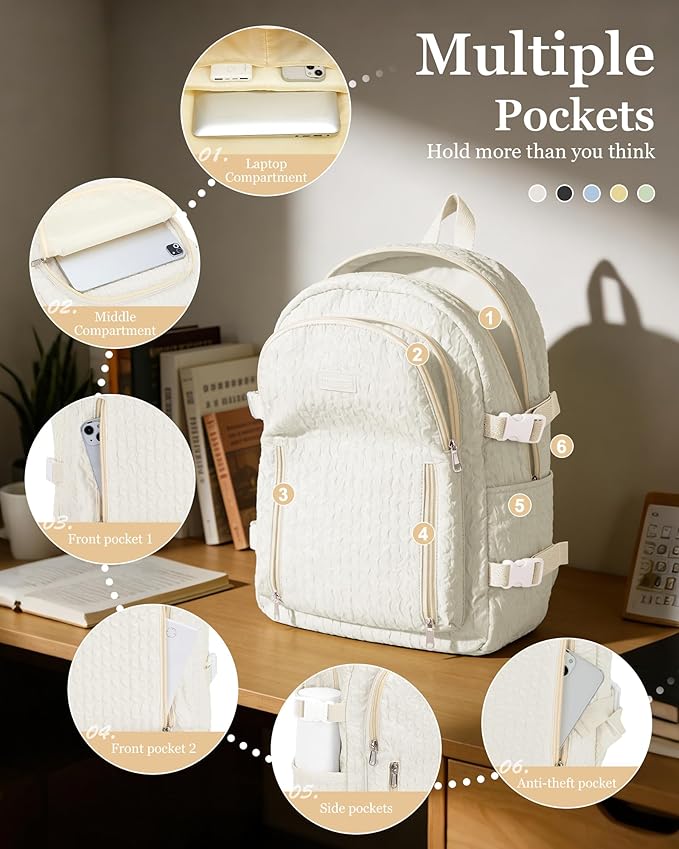 weradar Lightweight Middle School Bag For Teens Girls,Kawaii Backpack For College Students,Aesthetic Bookbag For Women,Cute School Backpack For Women Casual Daypack(Beige)