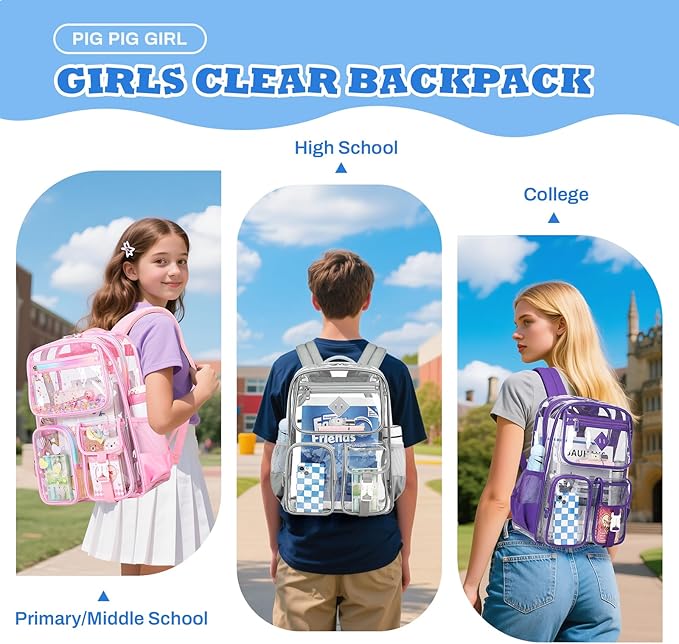 Clear Backpack for School,Heavy Duty PVC Transparent Bookbag for Girls Stadium Approved See Through Backpack