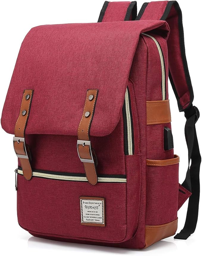 UGRACE Vintage Laptop Backpack with USB Charging Port, Elegant Water Resistant Travelling Backpack Casual Daypacks College Shoulder Bag for Men Women, Fits up to 15.6Inch Laptop in Red