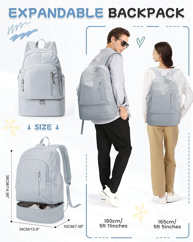 BJLFS Gym Backpack for Women Men with Expandable Shoe Compartment, Mini Foldable Outdoor Weekender Hiking Bag Sports Backpack for Swimming Fitness Yoga Dancing Blue