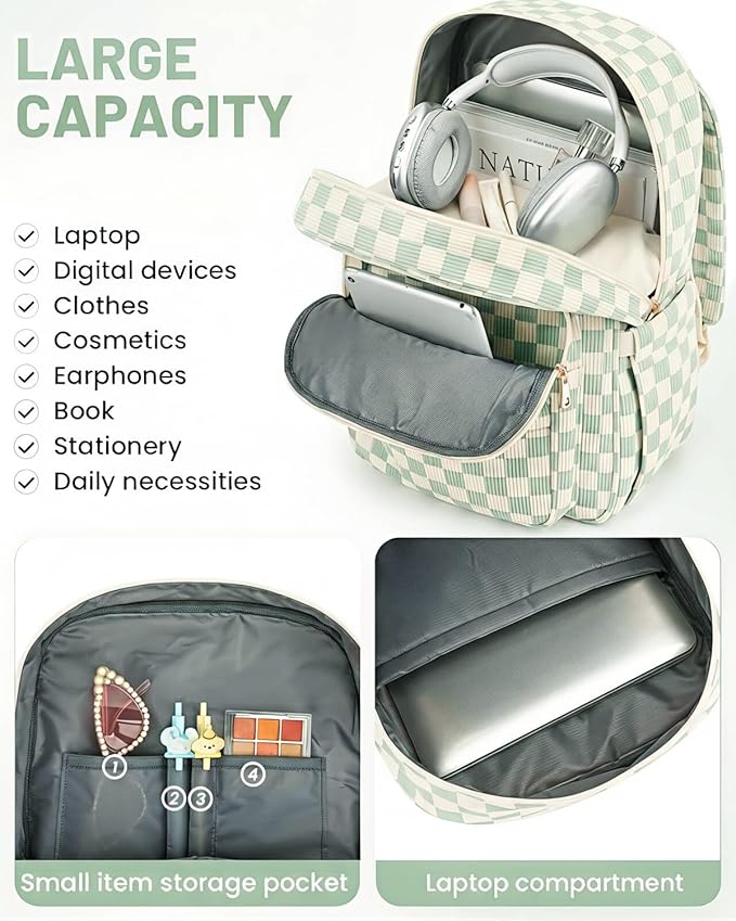Corduroy Laptop Backpack for Women, Fits 15.6 Inch Computer Bag, College High School Bookbag Travel Daypack Purse, Work Business Bags - Corduroy Checkered Green