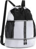 Valleycomfy Drawstring Gym Bag Sports Backpack With Shoe Compartment and Reflective Strips White