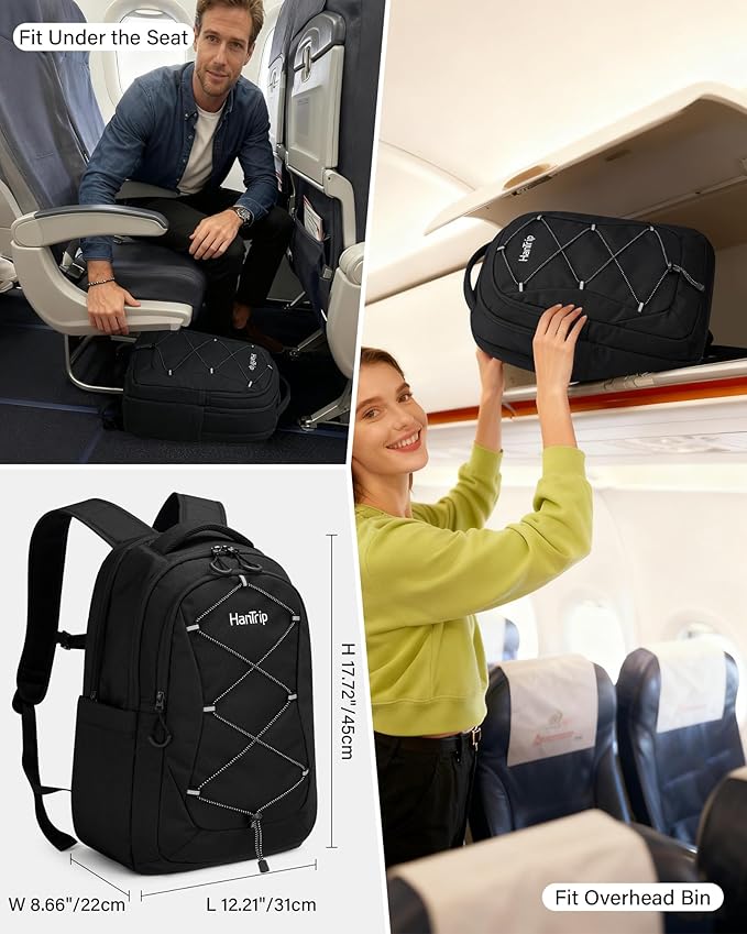 Travel Laptop Backpacks for Women Men, Large Work Backpack for Commuter College School Book Bags, Reflective Water Resistant Backpack with Luggage Strap Water Bottle Pocket Chest Strap, Black