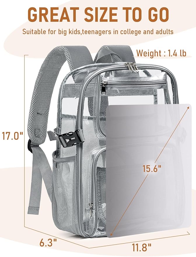 Large Clear Backpack Heavy Duty, 17 inch Clear Bookbag for Boys Girls Women Men, See Through Transparent Backpack With All-Around Reflective Strips for College Work Travel,Grey