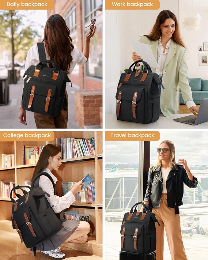 LOVEVOOK Laptop Backpack for Women, School Backpack for Teen Girls, Work Travel Backpack Purse, Commuter Business Computer Bag Teacher Nurse Bags, College Student Bookbag, 15.6 Inch, Black-brown