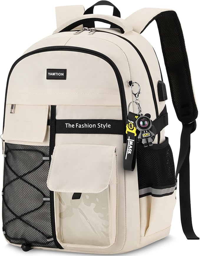 YAMTION Backpack for Teens,Laptop Backpack with USB Charging Port for Work,Casual College Back Pack School Bookbag for Boys Kids,Beige