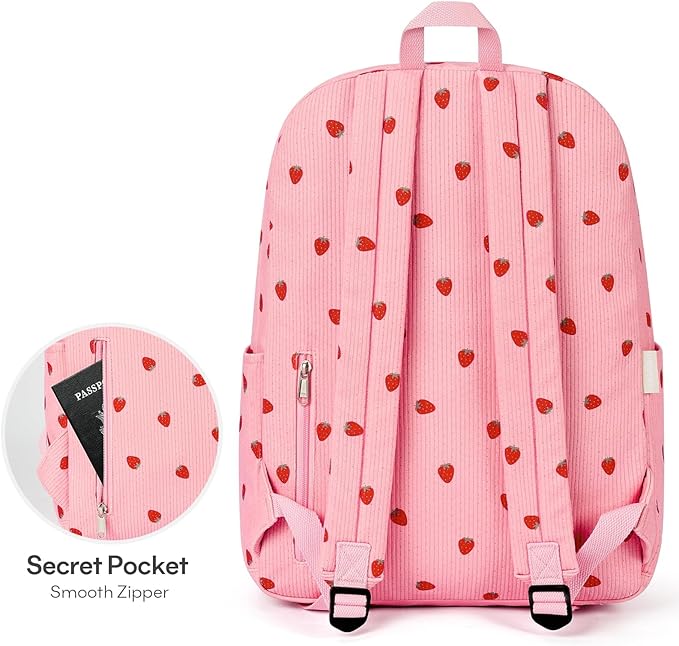mibasies School Backpack for Girls with Laptop Sleeve: 18IN Large Capacity Corduroy Bookbag for Primary Middle School/College, Travel Daypack for Teens Women - Red Strawberry