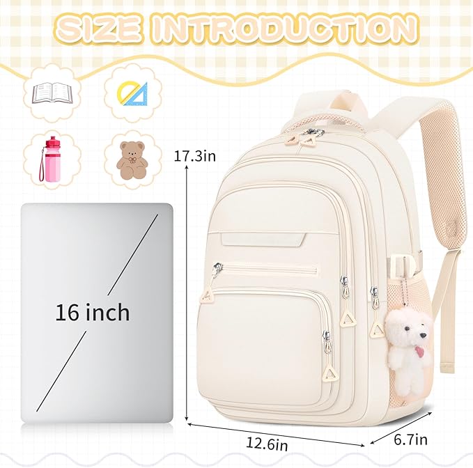 Cute Girls Backpack for School Kids Travel College backpack for Women Teen Beige Bookbags Aesthetic Laptop Bagpack