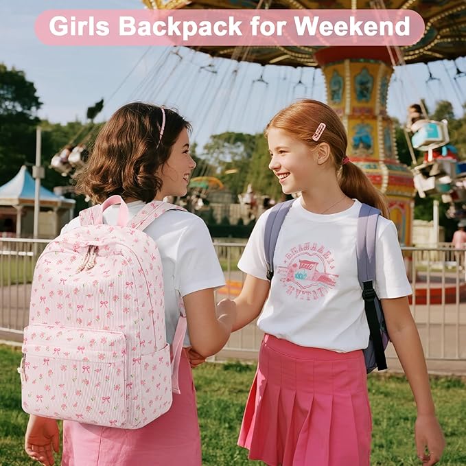 BTOOP School Backpack for Girls Teens Large Corduroy Bookbag Lightweight Casual High School College 17 inch Laptop Travel Bag (Pink Bow Floral-1)