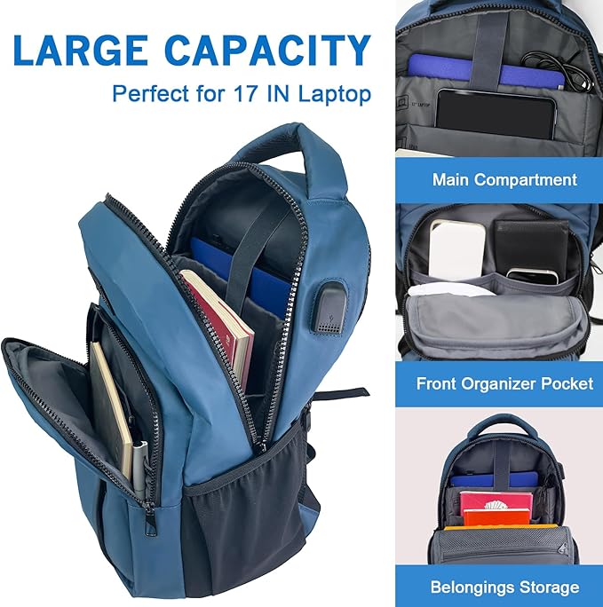 WOLT Laptop Backpack for Men Women for 15.6 Inch and 17 Inch Notebook, Travel Backpack Carry On Flight Approved with Computer Compartment, College Bookbag with USB Charging Port (Blue)
