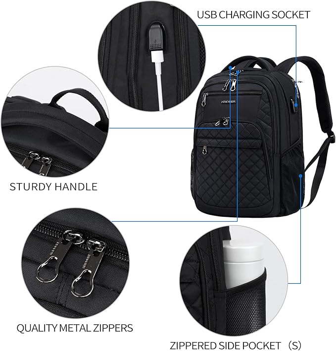 KROSER Travel Laptop Backpack 17 Inch Large Computer Backpack Water-Repellent Daypack with USB Charging Port RFID Pockets for Work/Business/College/Men/Women(Quilted)