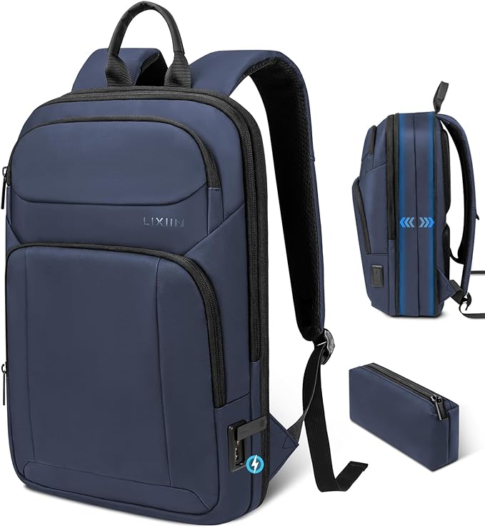 Backpack for Men Slim & Expandable Travel Laptop Backpack with USB Charging Port Water Resistant Anti-Theft Business Backpack Fits 17.3In Laptop for Commute Work College with Small Bag (Navy Blue)