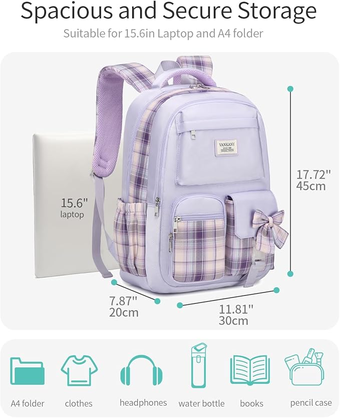 Teen Girls Bookbag, Big Student School Backpack for Middle High School College Women Cute Schoolbag for Girls Teenage Back Pack (Purple)