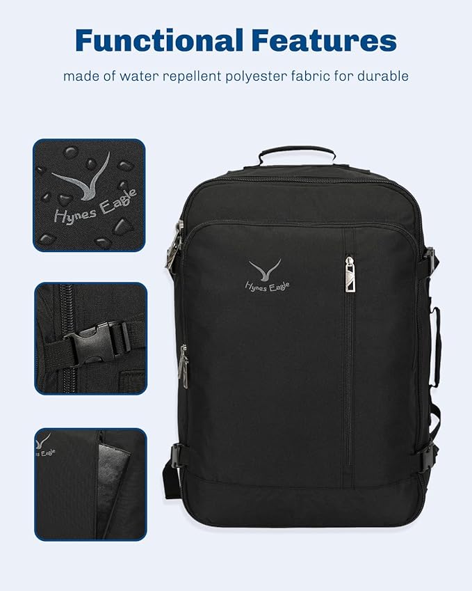 Hynes Eagle Carry on Backpack 38L Large Travel Backpack for Women Flight Approved Weekender Bag Laptop Backpack Men 15 inches Black 2023