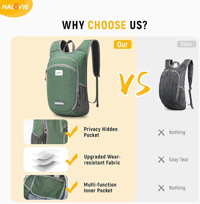 HALOVIE Small Hiking Backpack 10L Packable Lightweight Daypack Foldable Travel Back Pack for Women Men(Green)