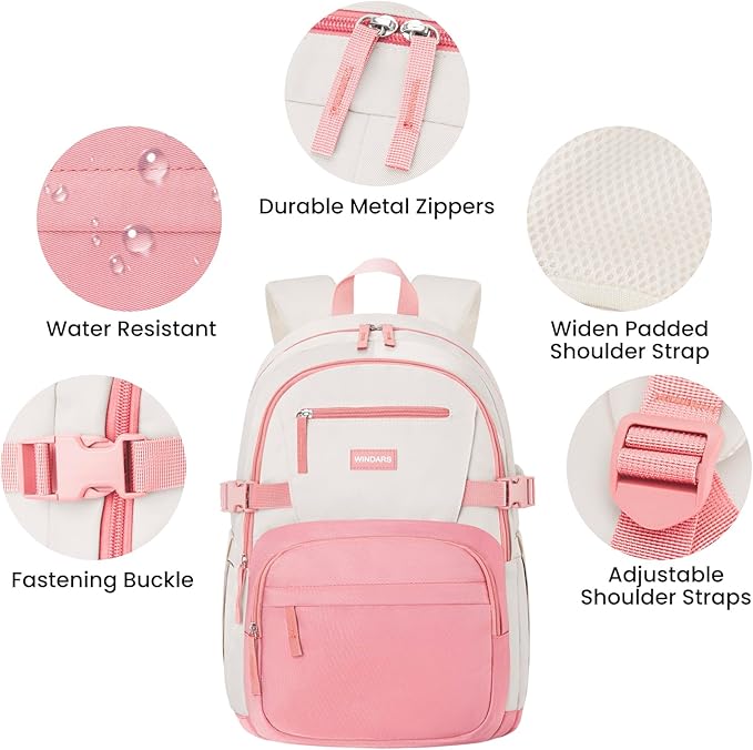 Backpack for School Girls, Cute High School Backpacks for Teens Women Student Large Bookbag 15.6 Inch Laptop Bag with USB Charger Port for College Work Travel Trip (Pink Beige)