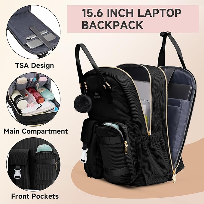MATEIN Cute Laptop Backpack for Women, 15.6 Inch Corduroy Computer College Backpack, TSA Lightweight Aesthetic Back Pack Travel Laptop Daypack for Work Nurse Teacher Gift, Black