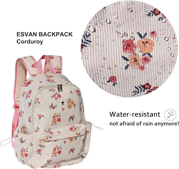 ESVAN Corduroy Backpack Lightweight Fashion 17 inch Laptop Bag for Women Casual College (Corduroy Beige Flower)