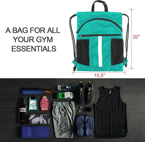 BeeGreen Drawstring Backpack Bag with Shoe Compartment, X-Large Black Gym Sports String Cinch Backpack