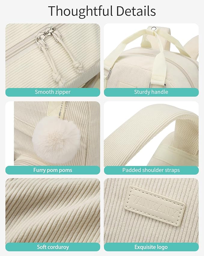 Teen Girls Backpack, Aesthetic Corduroy Bookbag with 15.6" Laptop Compartment Cute School Bag for Middle High School College, Beige
