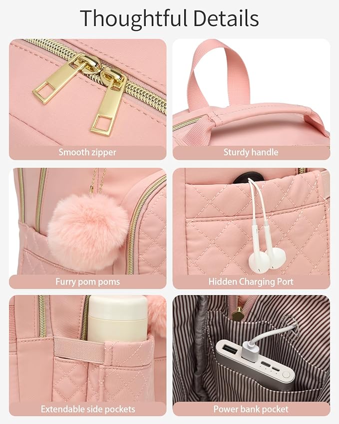 Girls Backpack, Cute Laptop Backpack with Charging Hole for Middle High College School, Water Resistant Daypack for Women Work Travel, Pink