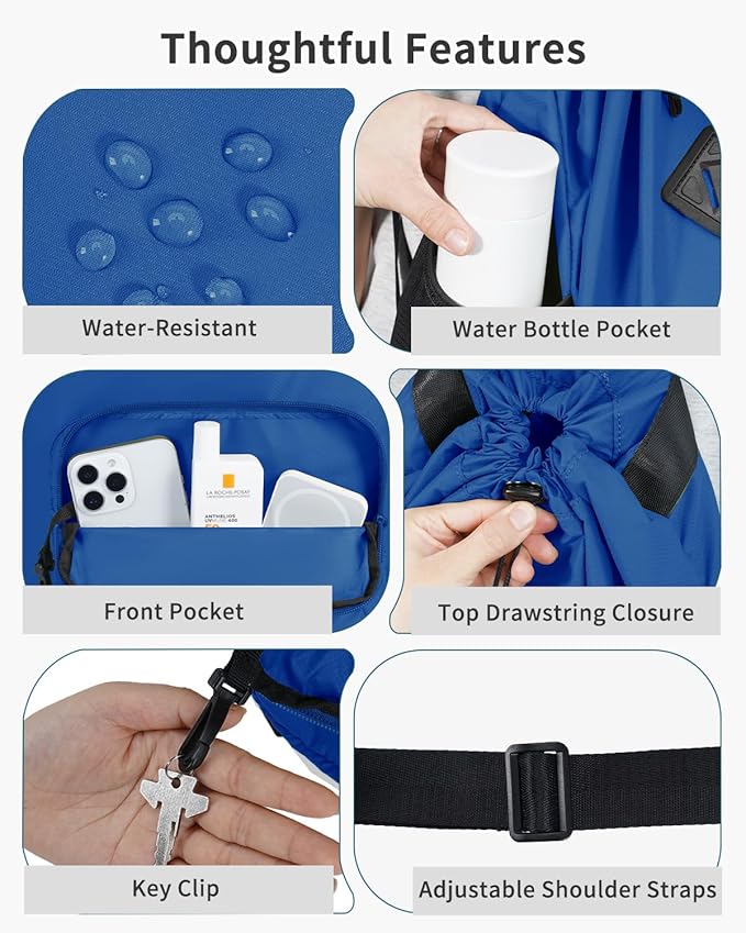 WANDF Drawstring Backpack with Removable Wet Pocket, Sandproof Beach Backpack with Bottom Compression Strap for Beach Mat, Swim Bag for Pool, Gym, Travel and Workout Gear (Navy Blue)