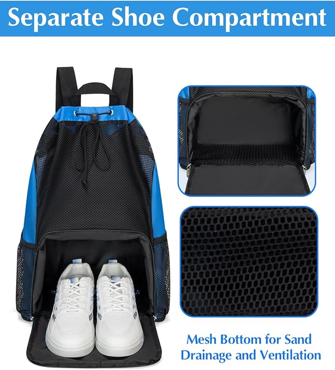 Drawstring Backpack Sandproof Beach Backpack with Shoe Compartment & Wet Pocket Waterproof Mesh Swim Bag Pool Bag for Gym, Travel and Workout Gear (Blue)