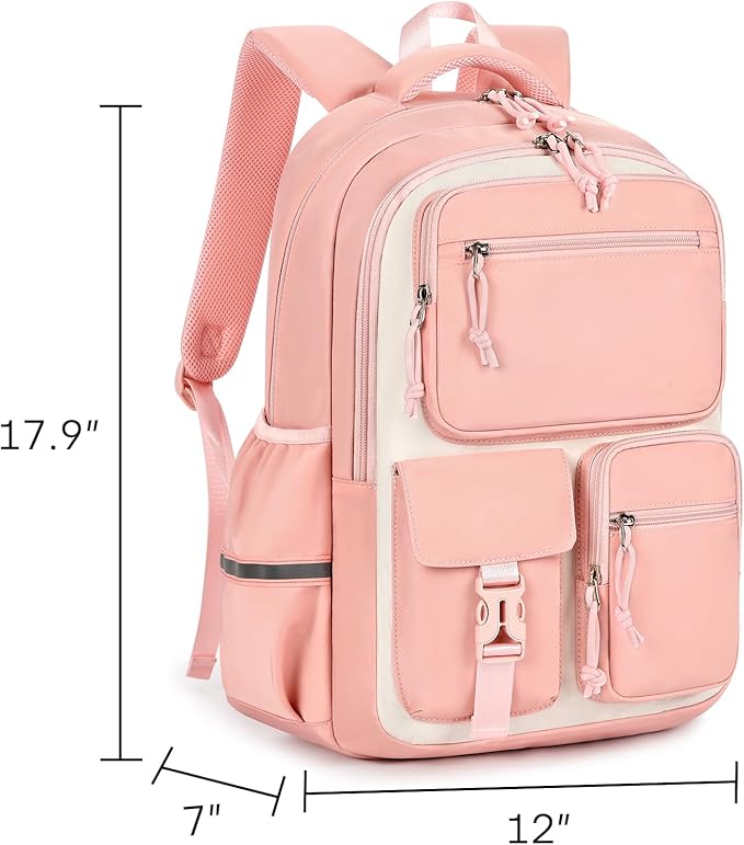 mibasies School Backpack for Teen Girls: 17.9 IN Backpack for Women with Laptop Compartment for Middle High Elementary School College Travel- Kids Bookbag Light Pink Beige