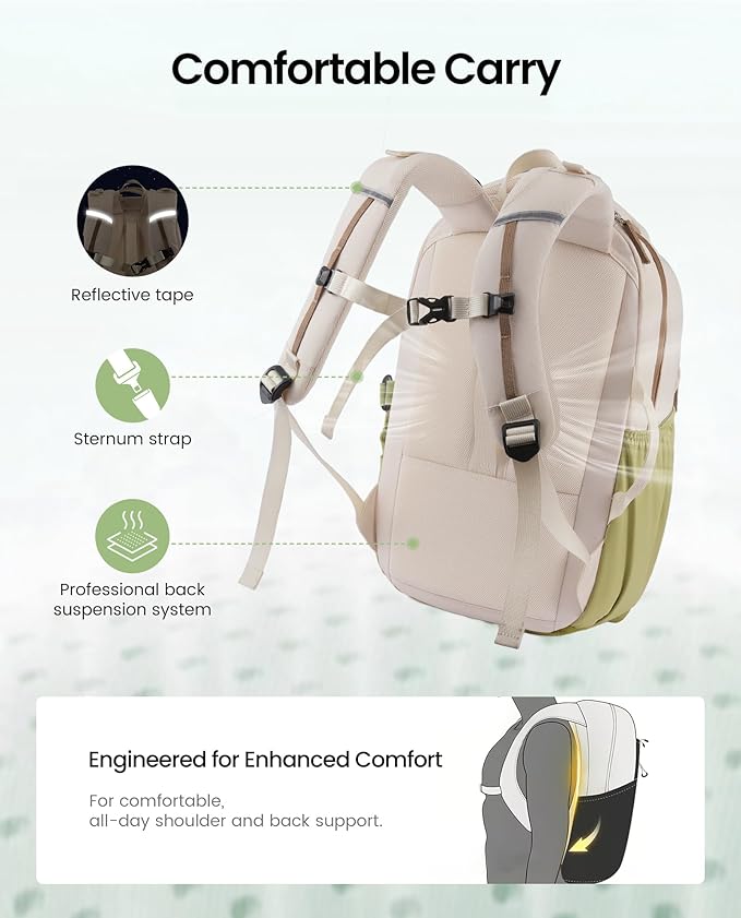 LOVEVOOK Travel Backpack for Women & Men With Giant Tumbler Holder,15.6 Inch Classic Laptop Work College Teacher Carry on Backpack Purse,Personal Item Backpack Hiking Computer Bag,Beige-Mustard Green