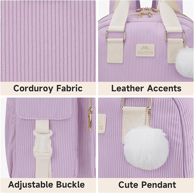 MATEIN Cute School Backpack for Teens Girls, 15.6 Inch Kawaii College Backpack Corduroy Computer Bookbag, TSA Lightweight Laptop Back Pack Aesthetic Preppy Kids Students, Purple